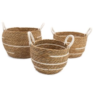 Cestas grandes de algodón y pasto marino – Rayas naturales – Juego de 3